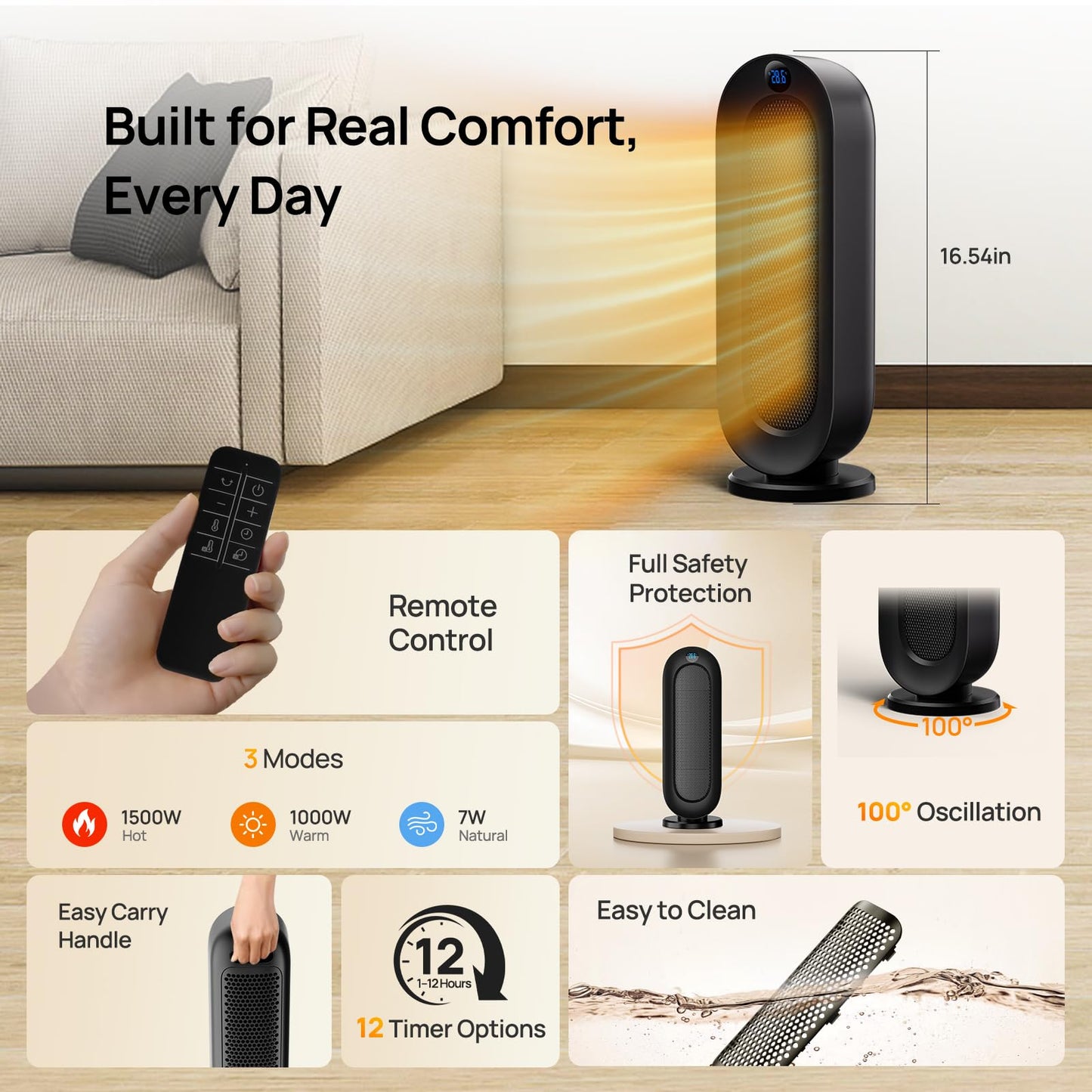 DUOMIY Space Heater for Indoor Use, 1500W Electric Heaters with 100° Oscillation, 1-12H Timer, Remote, Tower Heater Quick 2s PTC Ceramic Heating, Safety Heater for Office, Bedroom, Large Room (Black)