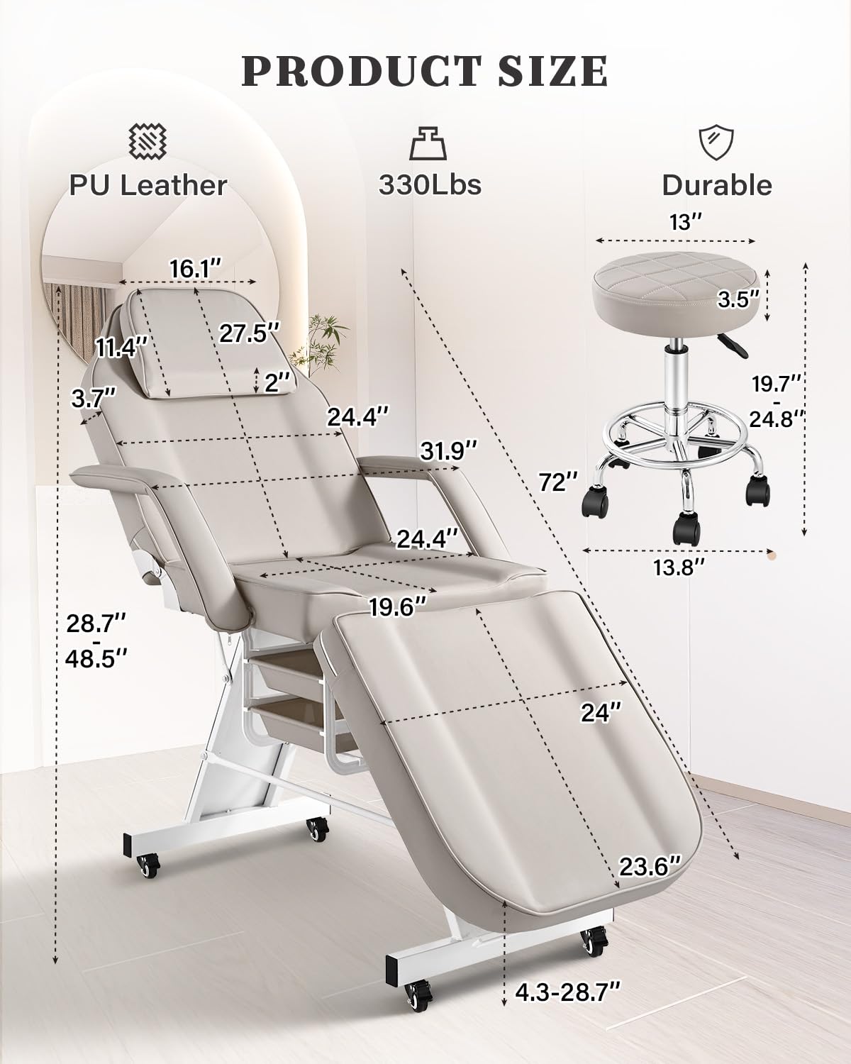 Tythical Tattoo Chair for Client, Facial Tattoo Spa Bed with Wheels for Client Esthetician with Rolling Stool, Adjustable Multipurpose Lash Beauty Salon Spa Massage Table Esthetician Beds, Grey