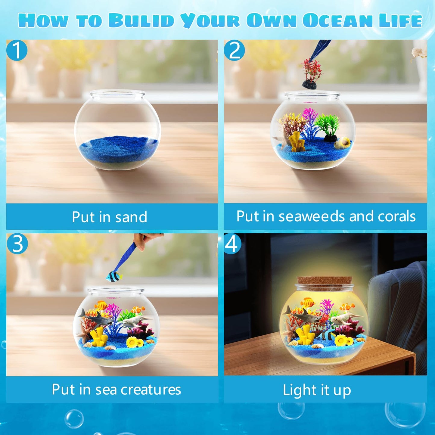 Ocean Light Up Terrarium Kit for Kids - LED Night Light Ocean Birthday Gifts for Girls & Boys Ages 4 5 6 7 8-12, Kids Arts & Crafts Kit, Easter Ideal Gifts