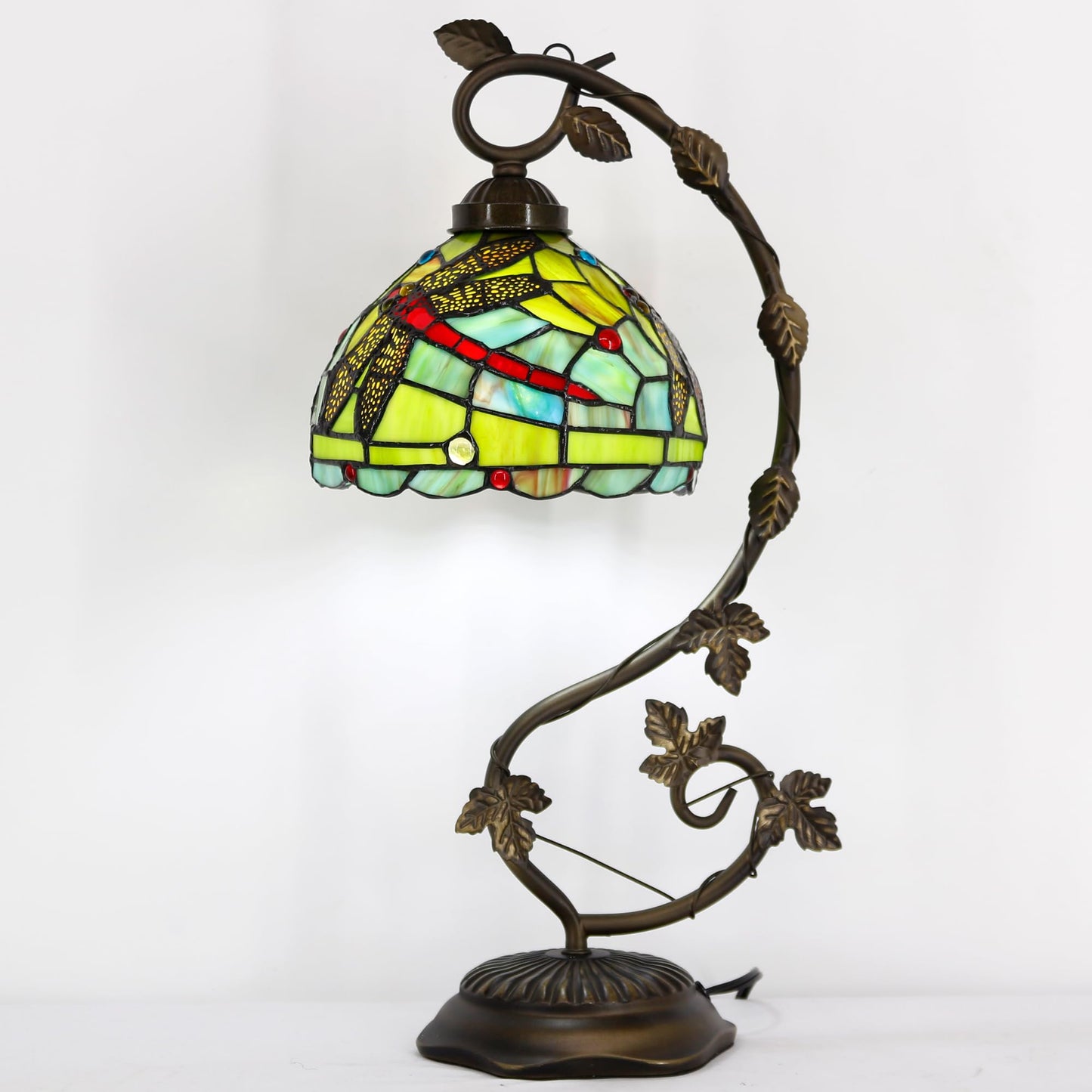 ZJART Tiffany Lamp Stained Glass Table Lamp Metal Leaf Desk Reading Light 8X10X21 Inch Decor Small Space Bedroom Home Office (Green Red Dragonfly)