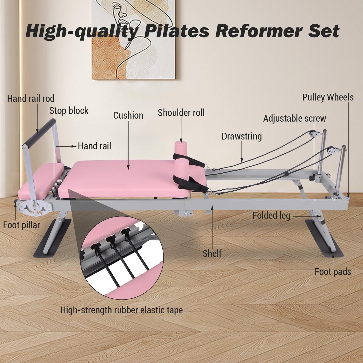 Pink Pilates Reformer | Foldable Pilates Reformer Machine for Home w/Resistance | Pilates Bed for All Levels