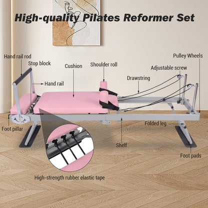 Pink Pilates Reformer | Foldable Pilates Reformer Machine for Home w/Resistance | Pilates Bed for All Levels