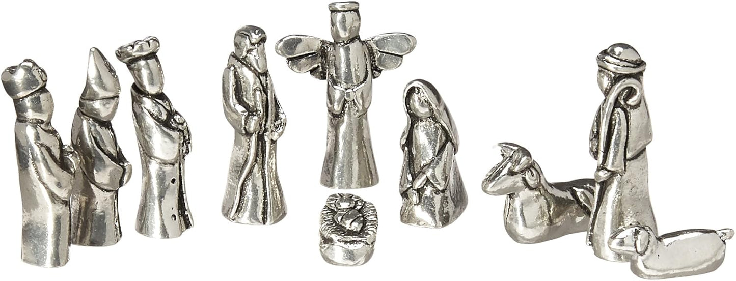 Nativity Set Mini Pewter Figurine, 10 pc Set with Velvet Pouch