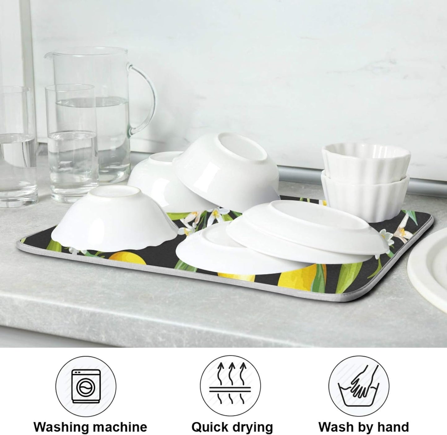 ALAZA Yellow Lemon on Black Dish Drying Mat, Absorbent Microfiber Large Drying Pad for Kitchen Counter