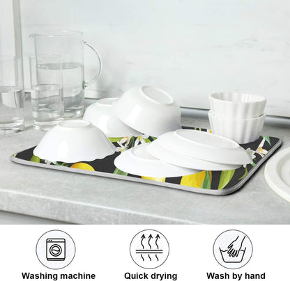 ALAZA Yellow Lemon on Black Dish Drying Mat, Absorbent Microfiber Large Drying Pad for Kitchen Counter