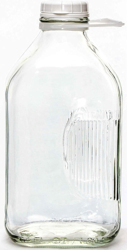 The Dairy Shoppe 2 Qt Heavy Glass Milk Bottle with Handle & Cap, 64 Oz, 1/2 Gal.