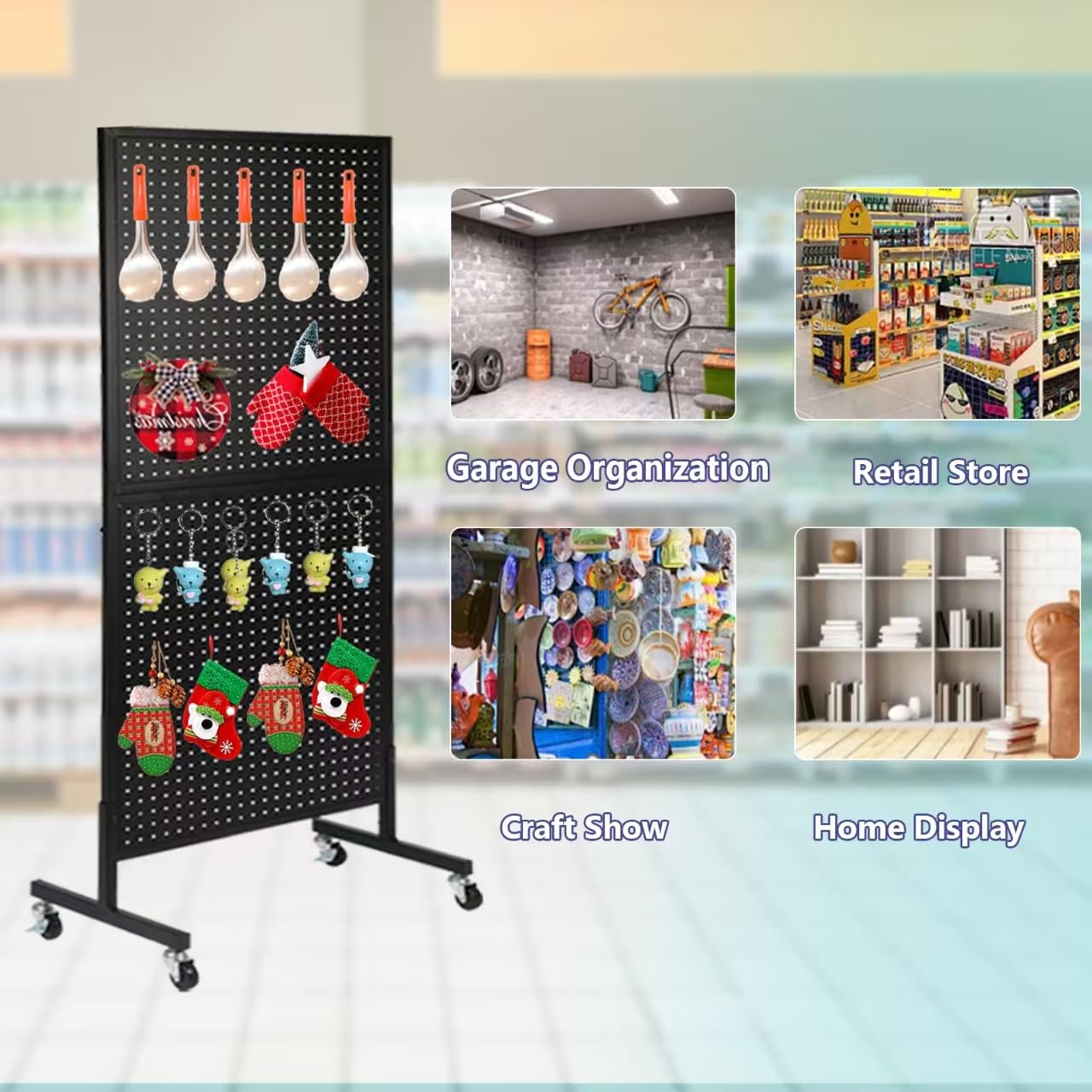 NectaCol 2'x 5' Standing Pegboard Display with T-Base, Pegboard Display Stand with Wheels, Metal Peg Board Display Rack, Art Display Stand, Extra 10 Pieces Hooks - Black