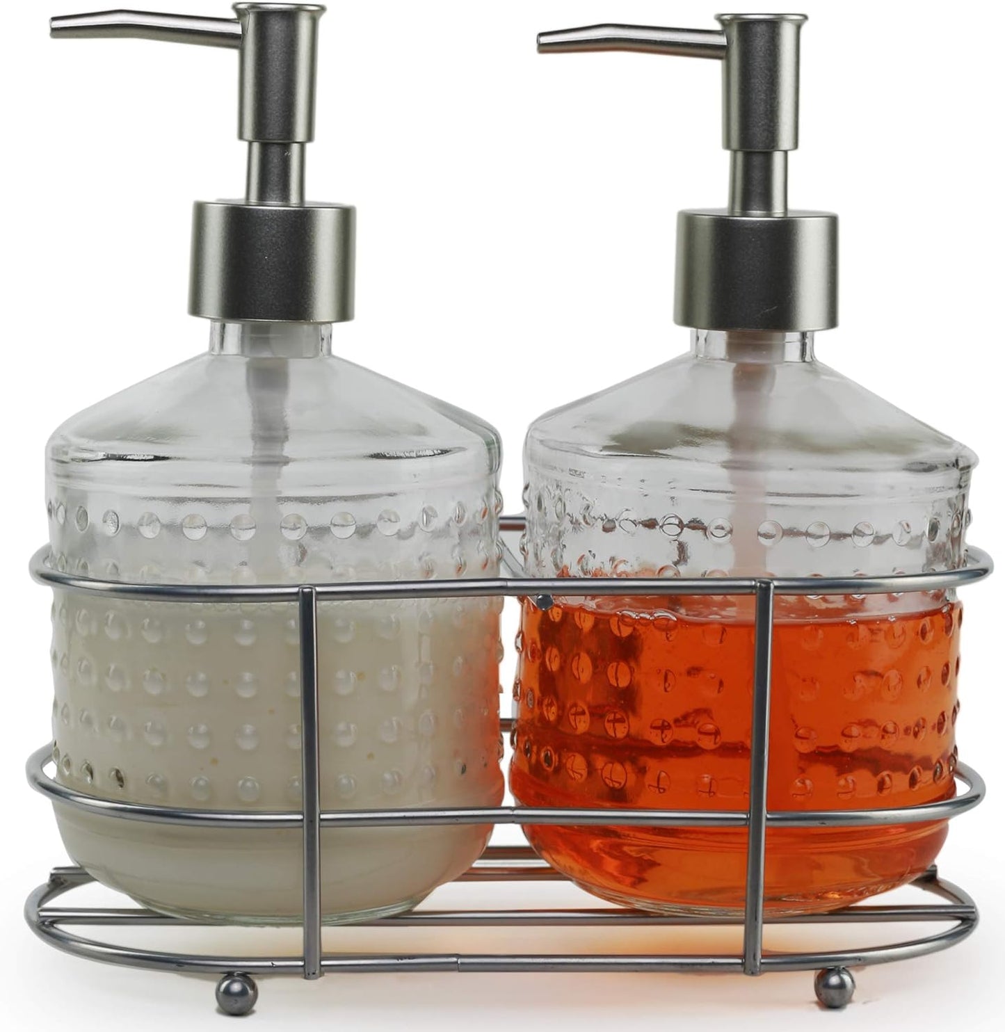 Circleware 32470 Dispenser Bottle Pumps in Metal Caddy, Set of 2, 17.5 oz, Nickel Hobnail