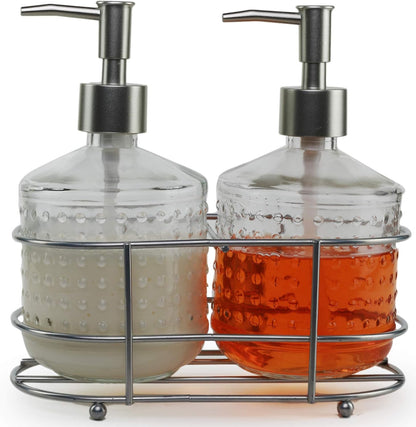 Circleware 32470 Dispenser Bottle Pumps in Metal Caddy, Set of 2, 17.5 oz, Nickel Hobnail