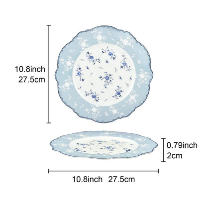 fanquare 10 Inch Porcelain Dinner Plates Set of 4, Lace Dishes Set for Salad, Pasta, Soup, Dessert, Blue Roses