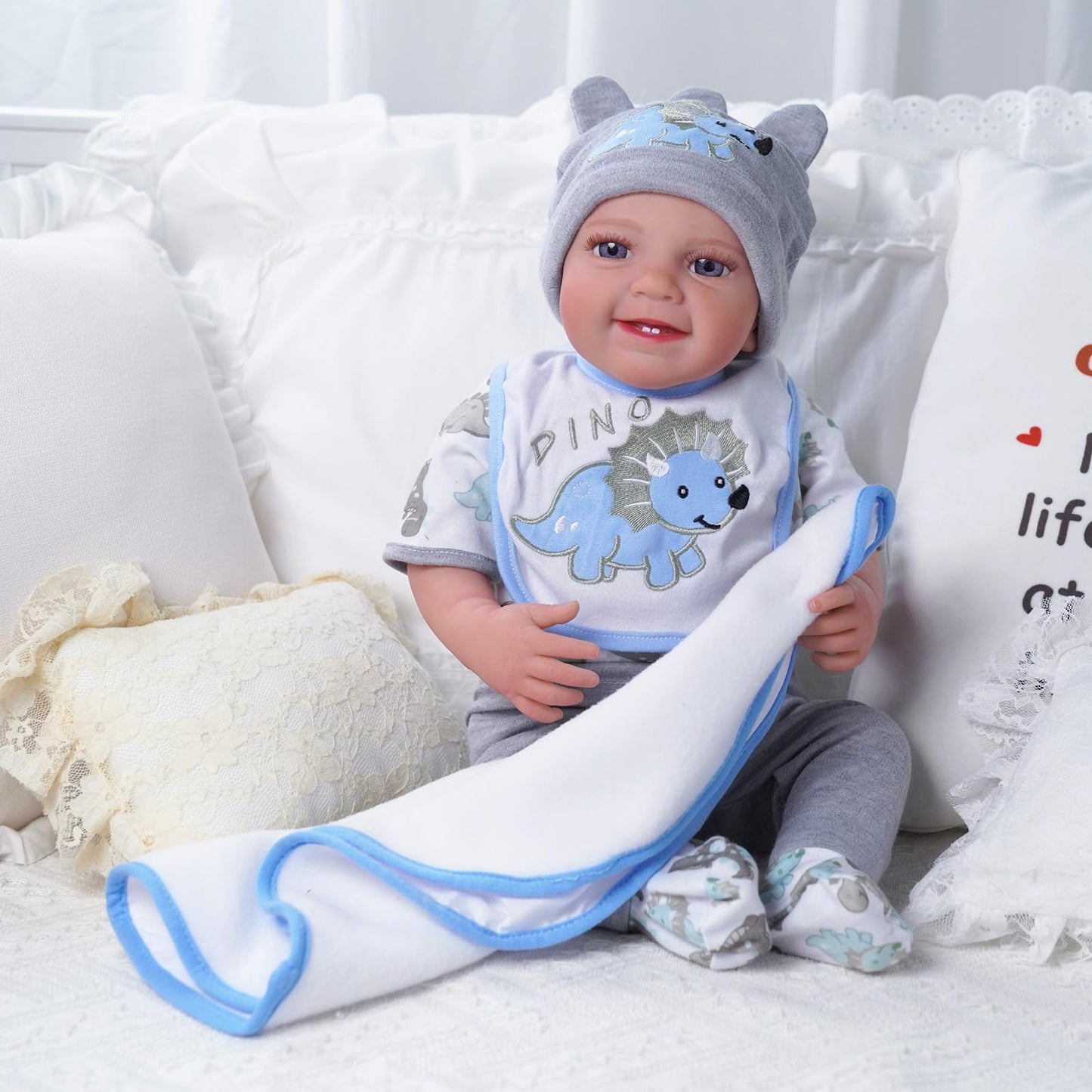 BABESIDE 6 Pcs Reborn Baby Doll Clothes for 17-22 Inch Babydolls, Dinosaurs Pattern Lifelike Reborn Baby Doll Accessories with Hat Bib and Socks for Realistic Baby Dolls Boy & Girl