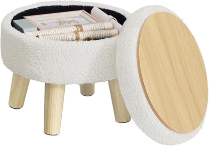 12.2 Inches, ULOM515WD01 SONGMICS Storage Ottoman, Foot Stool, Round Ottoman with Padded Seat, Foot Rest with Wood