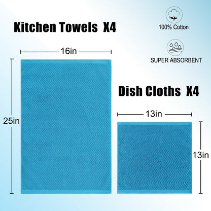 QAJ 100% Cotton Kitchen Towels and Dishcloths Set, Pack of 8 Super Absorbent 16" x 25" Kitchen Towels and 13" x 13" Dish Cloths (400 GSM)