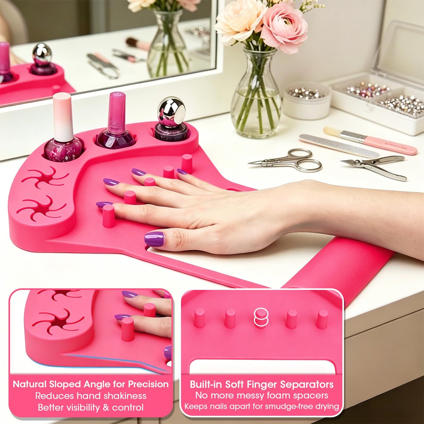 3-in-1 Silicone Nail Arm Rest & Nail Polish Holder for Manicure and Pedicure,Hand Rest Mat with Anti-Spill Bottle Stand & Finger Separators for Nail Art Tools,Fingernail Painting Accessories(Rose Red)