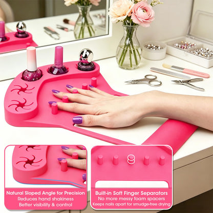 3-in-1 Silicone Nail Arm Rest & Nail Polish Holder for Manicure and Pedicure,Hand Rest Mat with Anti-Spill Bottle Stand & Finger Separators for Nail Art Tools,Fingernail Painting Accessories(Rose Red)