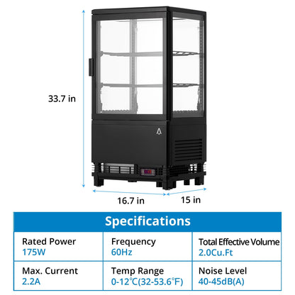 2.0 Cu.Ft. Countertop Refrigerated Display Case, Commercial Pastry Refrigerator with Led and Air-Cooling, Bakery, Cafes and Restaurants, Featuring Rear Sliding Door for Easy Access and Frost-Free