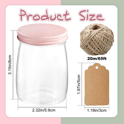 SENONAPO 84 Pack 5 oz Plastic Jars with Labels and Craft Twine, Aluminum Lid Yogurt Containers with Lids Bulk, DIY Small Gift Jars for Wedding, Birthday, Halloween, and Christmas Party Favors