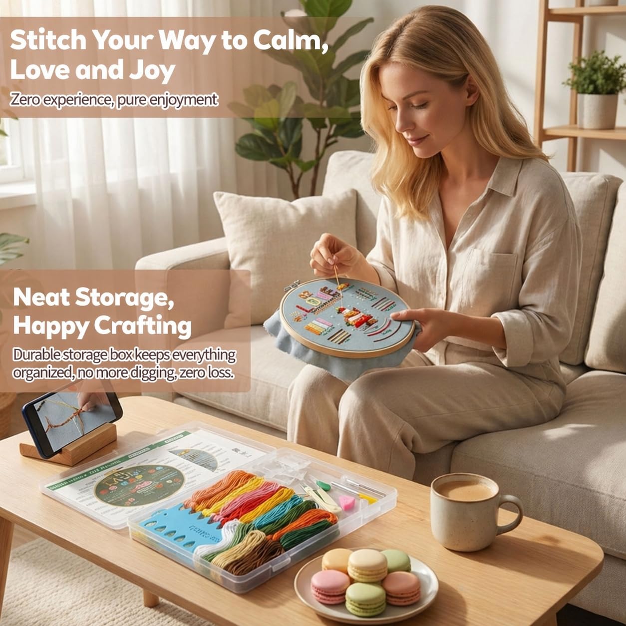 CLRDIVA Embroidery Starter Kit for Beginners: Easy DIY Needlepoint Set with Phone Stand for Step-by-Step Video Tutorials - Stress Free to Learn 29 Basic Stitches - Relaxing Crafts for Adults