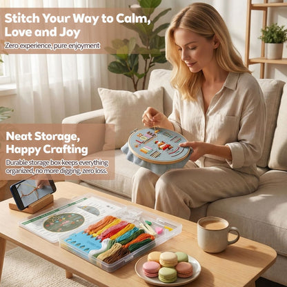 CLRDIVA Embroidery Starter Kit for Beginners: Easy DIY Needlepoint Set with Phone Stand for Step-by-Step Video Tutorials - Stress Free to Learn 29 Basic Stitches - Relaxing Crafts for Adults
