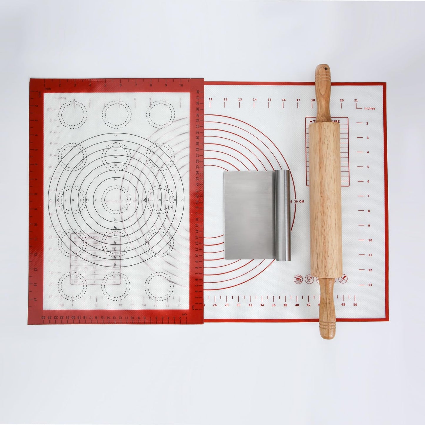 GreatChef Wood Rolling Pin 17.8 Inch for Dough with Pastry Scraper/Cutter & 2 PCS Heat-resistant Silicone Baking Mat, Non-stick, for Cookie, Pie, Macaroon, bread, Baking Pasry Tools Set