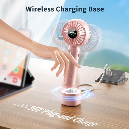 Handheld Fan with Wireless Charging Base, 3 Speeds Portable Fan with Digital Display, 2000mAh Battery Operated (Pink)