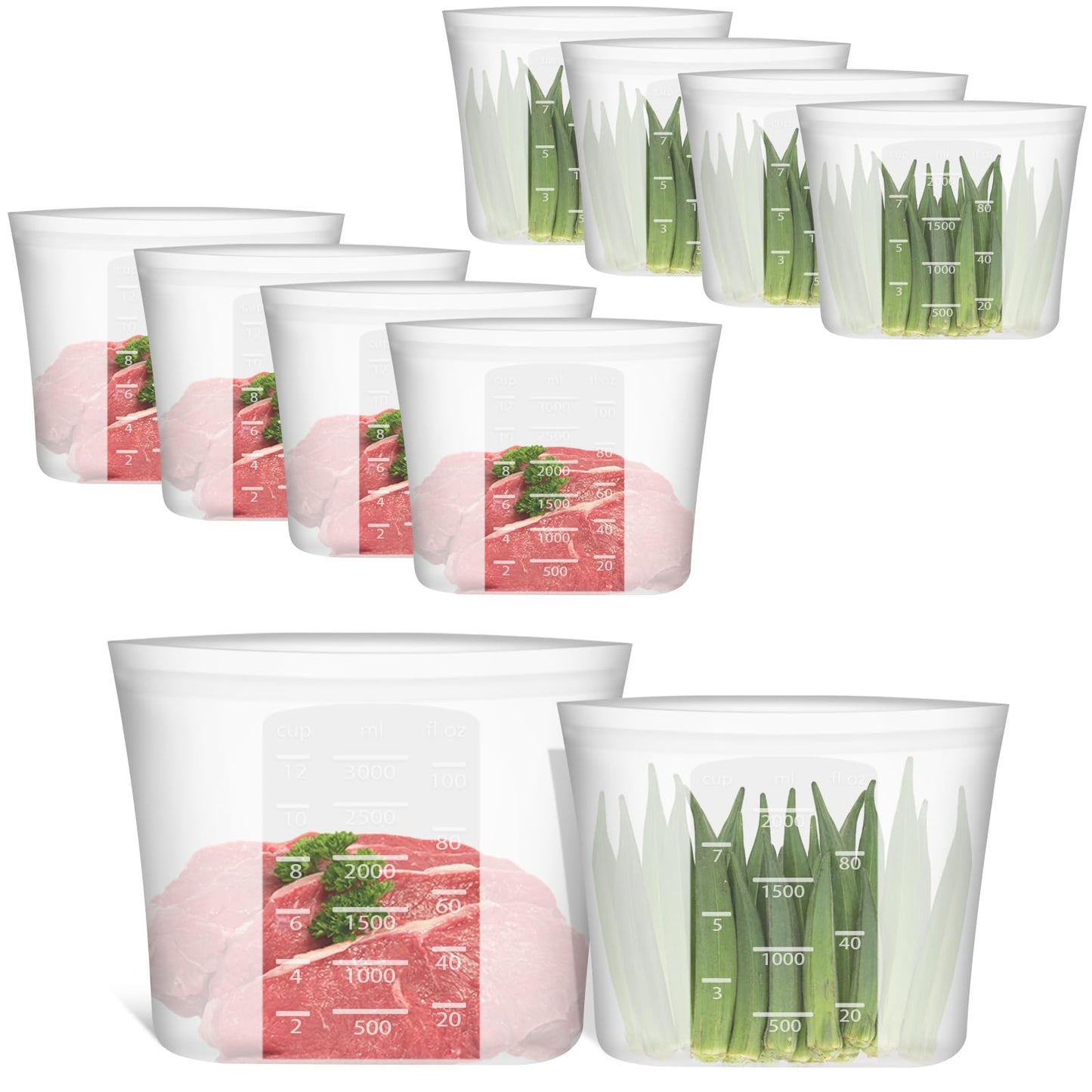 Reusable Food Bags, 12 Pack 100% Silicone Food Storage Bags Stand Up Zip Lock Container, Freezer Microwave Oven Dishwasher Safe, 4 Medium 4 Small 4 Extra Small, Aqua
