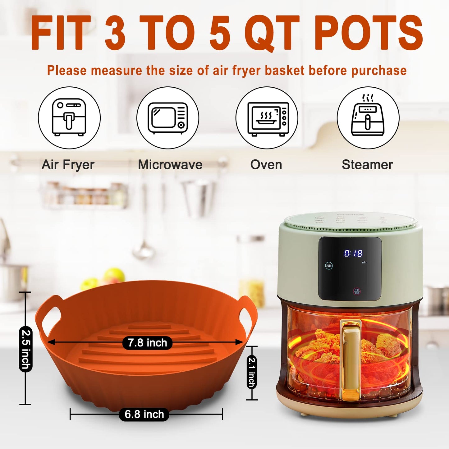 Air Fryer Silicone Liners Square 2 Pack 7.1 Inch Airfryer Liners 4-7 QT Reusable Air Fryer Liners Silicone Pot Oven Liner Baking Tray, Air Fryer Basket Silicone Mat Bowl Air Fryer Accessories Kitchen