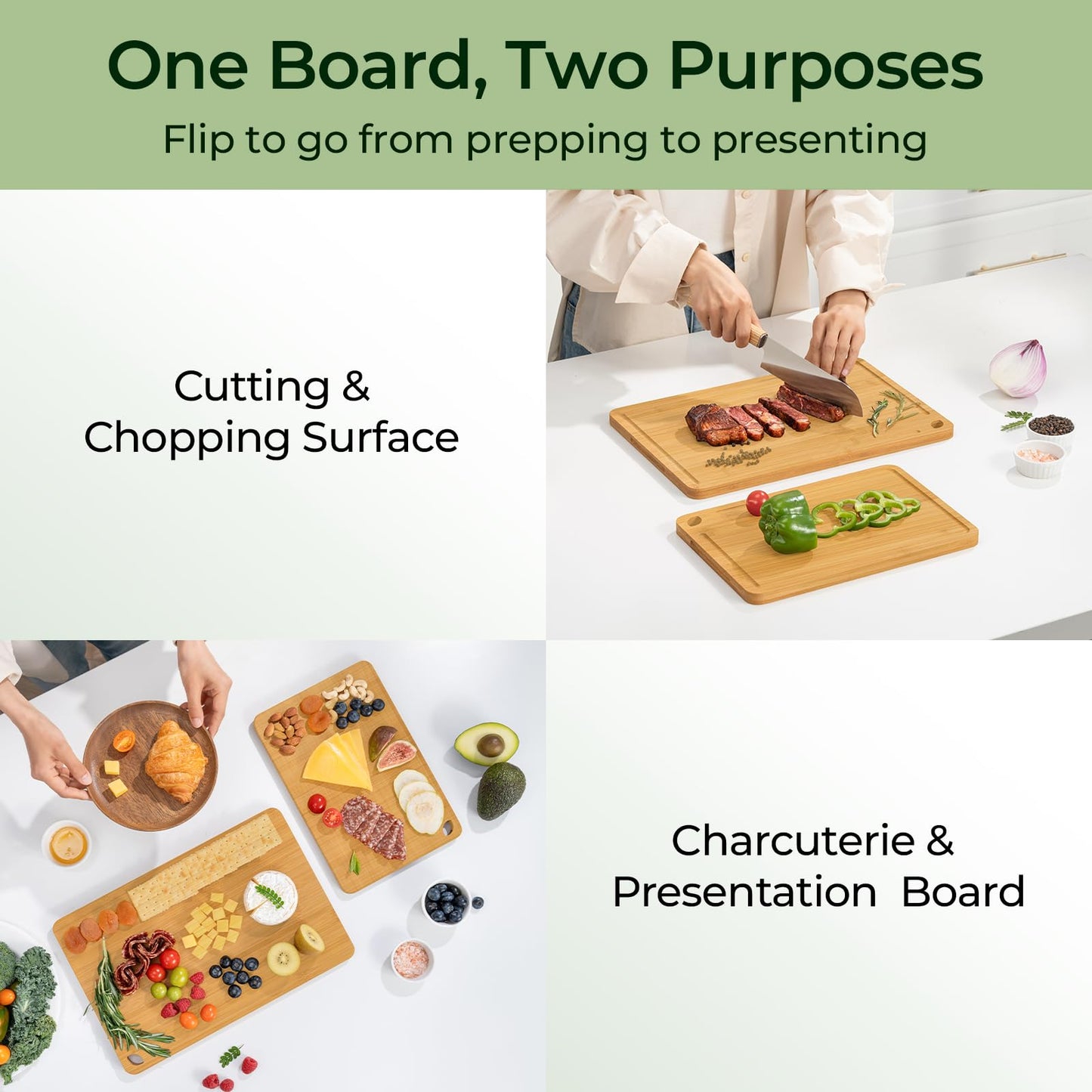 Bamboo Cutting Board, Durable Wood Cutting Boards for Kitchen with Deep Juice Grooves & Built-in Handles, Ideal Charcuterie & Chopping for Meat, Vegetables and Fruits Ideal Kitchen Gifts