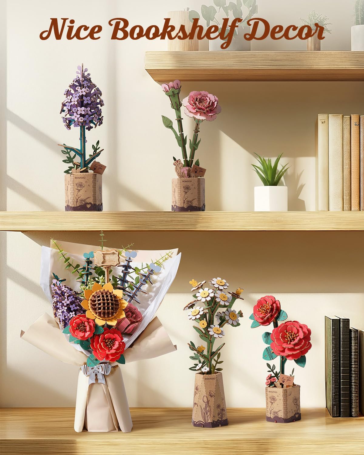 Rowood 3D Puzzles for Adults,DIY Wooden Flower Bouquet Building Set Craft Kit,Artificial Flower Botanical Collection,Mothers Day/Valentine's Day/Christmas/Birthday Gift for Women/Mom-TW01H