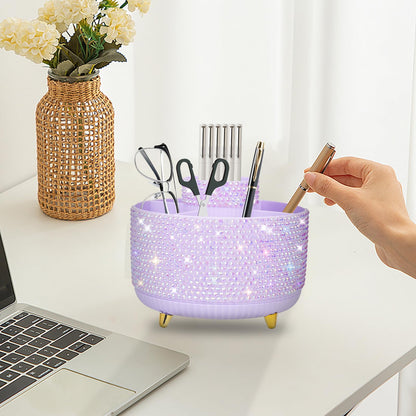 ENJIKAER Bling Purple Phinestone Desk Organizer with 5 Slots 360 Degree Rotating，Bling Pen Holder Makeup Brush Holder for Women, Silver Rhinestone Office Accessories(Purple)
