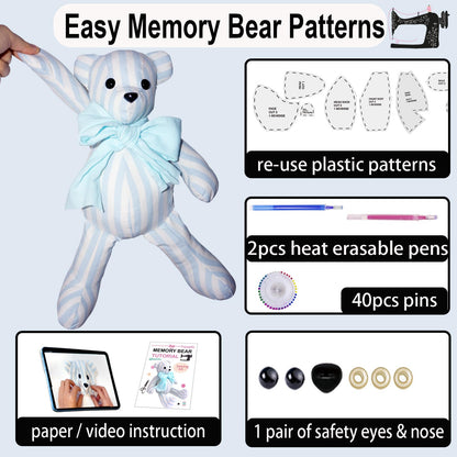 18 Inch Memory Bear Patterns Templates for Sewing, Beginners Teddy Bear Stuffed Animal Pattern with Safety Eyes Noses, Pins (18 Inch)