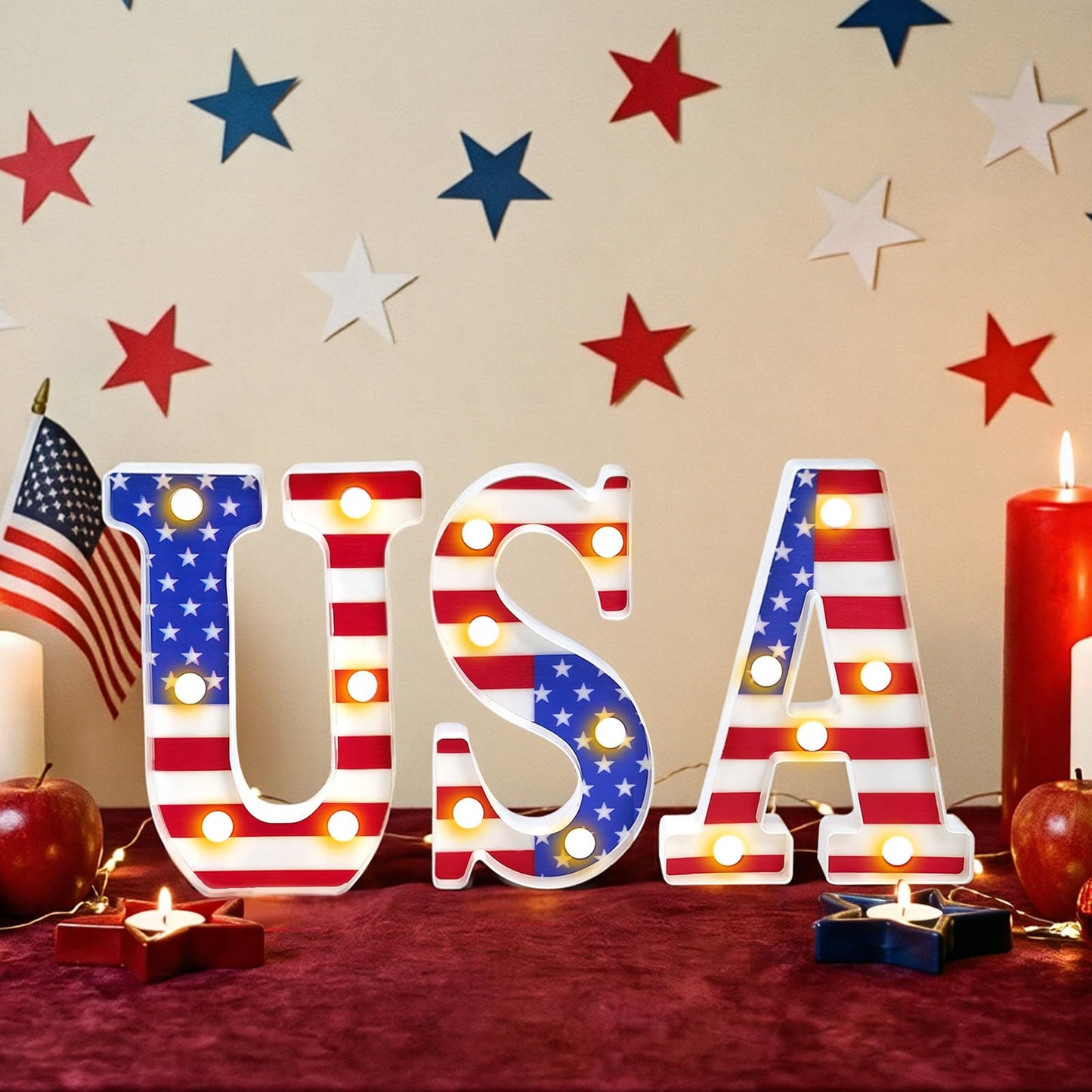 InnovaTools 3 Pcs Light Up Letters, 4th of July Patriotic USA LED Marquee Letter Lights, American Flag Red White Blue Decor for 250th Anniversary Independence Day Table Centerpiece Home Decorations