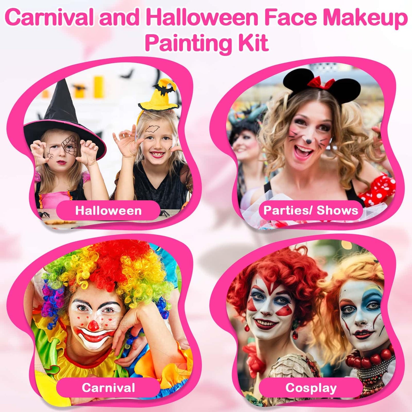 Professional Face Painting Kit for Kids and Adults – 54 Color Water Activated Cosplay Makeup Kit, Non-Toxic Body Paint with Stencils, Gems, Brushes– for Halloween FX, Bday Parties, School Event