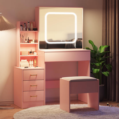 GarveeHome Vanity Desk with Sliding Mirror and Lights, Makeup Vanity Set with 4 Drawers, Stool, Power Outlet, Open Shelves, 3 Color Adjustable Lighting Modes, Makeup Dressing Table for Bedroom, Pink