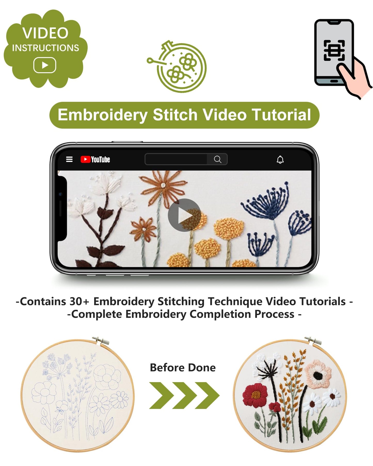 Santune 3 Sets Embroidery Kit,Cross Stitch Kits for Beginners,Needlepoint Kits for Adults with Easy Floral Pattern Hand Crafts,Hoop,Needle,Mothers Day Gifts