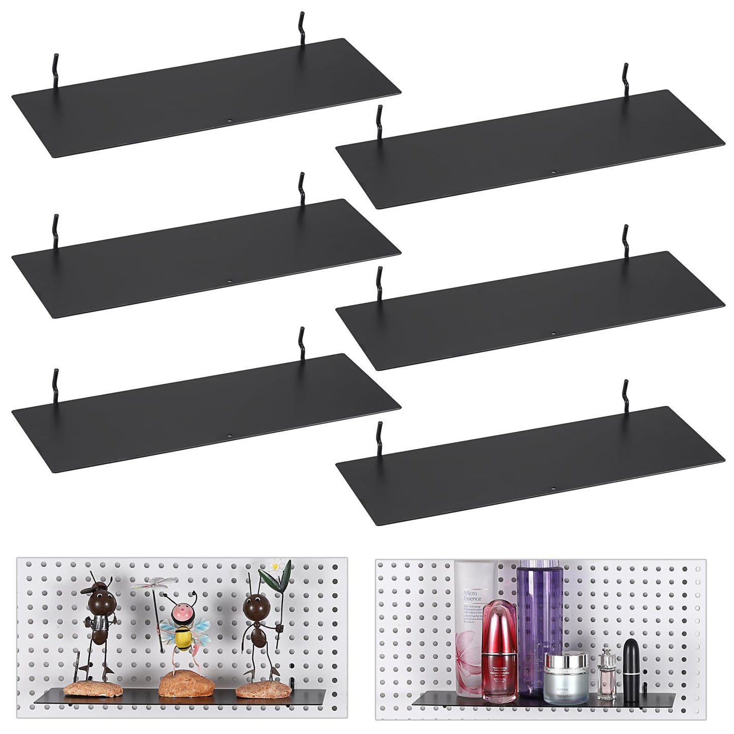 Kokone 6 Pack Pegboard Shelves with Lip Around the Edge, 12x4 Flat Display Shelves for Pegboard Storing or Displaying, Wall Pegboard Shelves Accessories Steel Tray for Garage Workshop Craft Room