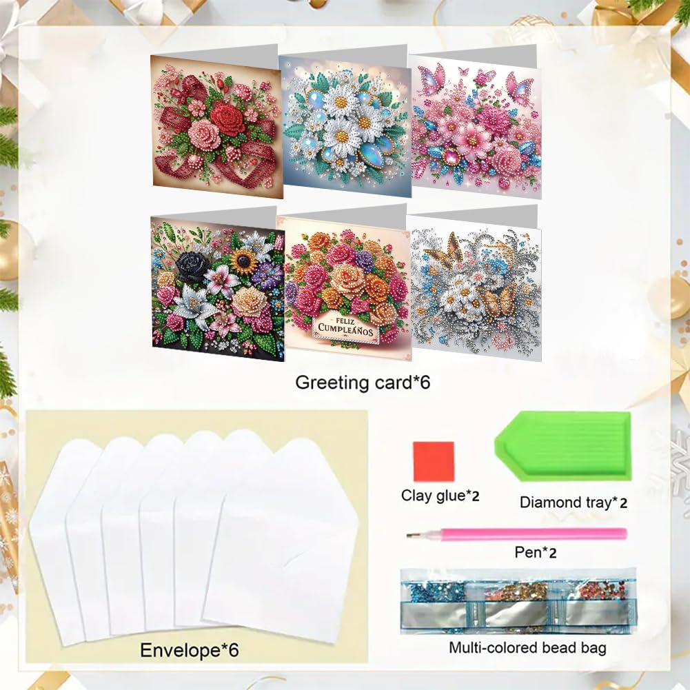 6 Pack DIY Diamond Painting Greeting Card Kit Flowers, 5D Diamond Art Christmas Birthday Holiday Foldable Thank You Cards Blessing, Art Crafts Kit Creative with Envelope