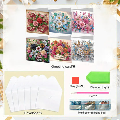 6 Pack DIY Diamond Painting Greeting Card Kit Flowers, 5D Diamond Art Christmas Birthday Holiday Foldable Thank You Cards Blessing, Art Crafts Kit Creative with Envelope