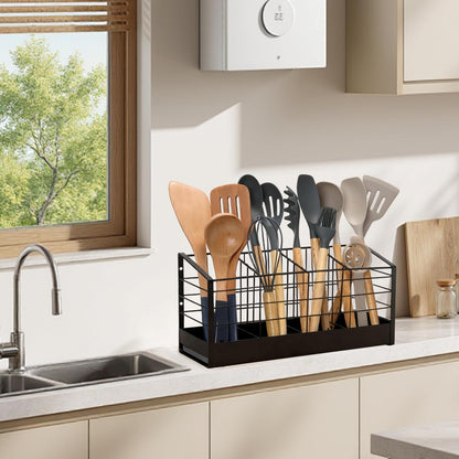 Dual-Use Large Utensil Holder with Effective Bottom Fence for Kitchen Counter & Wall Mount, 4-Compartment Organizer with Diatomaceous Earth Drying Mat, Holds 40 Cooking Tools, Iron, Matte Black 16 in