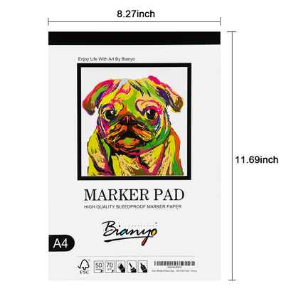 Bianyo Bleedproof Marker Paper Pad, A4(8.27"X11.69"), 50 Sheets/Pad, Pack of 2 Pads, 18 LB / 70 GSM, Glue-Bound, 100% Cotton, White, Ideal for Use with Markers and Ink Mediums