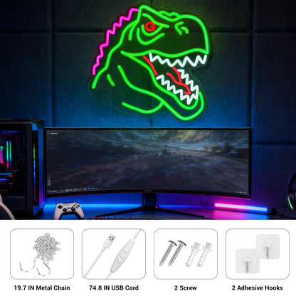 Dinosaur Neon Sign Lights for Wall Decor, T-REX LED Sign for Room and Man Cave Decor, Dimmable Powered LED Signs for Bedroom, Man Cave Party, Birthday Christmas Gift (T-REX Green)