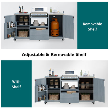 Merax Outdoor Grill Table for Big Green Egg Grills, 66.5" Patio Kitchen Island on Wheels with Stainless Steel Tabletop,Drawer and Spice Rack, Solid Wood Outdoor Storage Cabinet for Backyard, Grey Blue