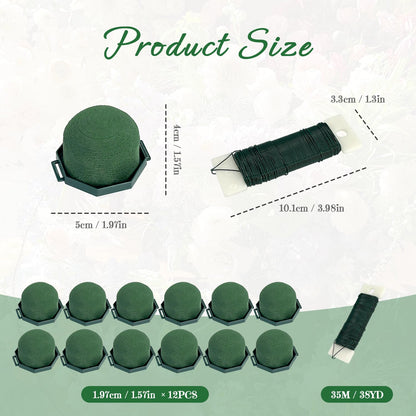 Flower Foam Holders, 12 Pcs Green Round Floral Foam with Adhesive & 38Yd Wire for Wine Bottle Arrangements, Wedding Centerpieces, DIY Fresh/Dried Artificial Flowers Decor