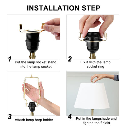 Mornajina 7 8 9 10 inch Lamp Shade Harp Holder, Adjustable Lamp Harps and Finals, Fit both Standard Lamp Rod and E26 E27 Light Base UNO Fitter Adapter Converter Finial Set (Gold)
