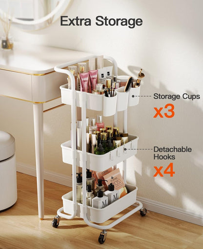 Pipishell 3 Tier Rolling Cart - Art & Craft Organizer Cart with Hanging Cups & Hooks - White Metal Storage Carts with Wheels Perfect for Craft Room, Office, Kitchen, Bedroom, Bathroom, Laundry Room