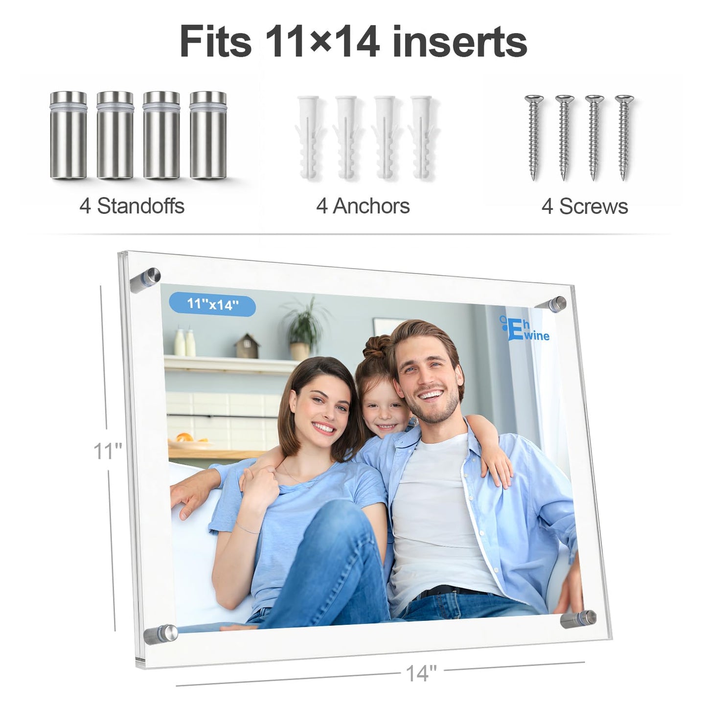 EHWINE 11x14 Acrylic Picture Frame Wall Mount 2 Pack, Floating Frameless Clear Photo Display, Certificate Diploma Poster Document Frame for Home, Office, School, Gallery Decor with Silver Hardware