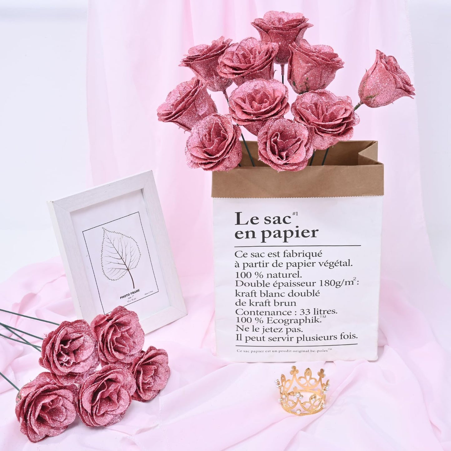 Waipfaru Rose Gold Glitter Roses Bouquet, DIY Flowers Bouquet, Birthday Gifts for Women Mom Grandma Wife Girlfriend, 36 Pcs Fake Rose for Valentines, Mothers Day, Anniversary, Graduation Gifts
