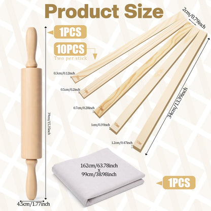 IMengjbang 12 Pcs Pottery Tools Set, Wooden Clay Rolling Pin with 5 Size Thickness Guides, Linen Tablecloth for Ceramic Pottery Making, Clay Roller for Crafts