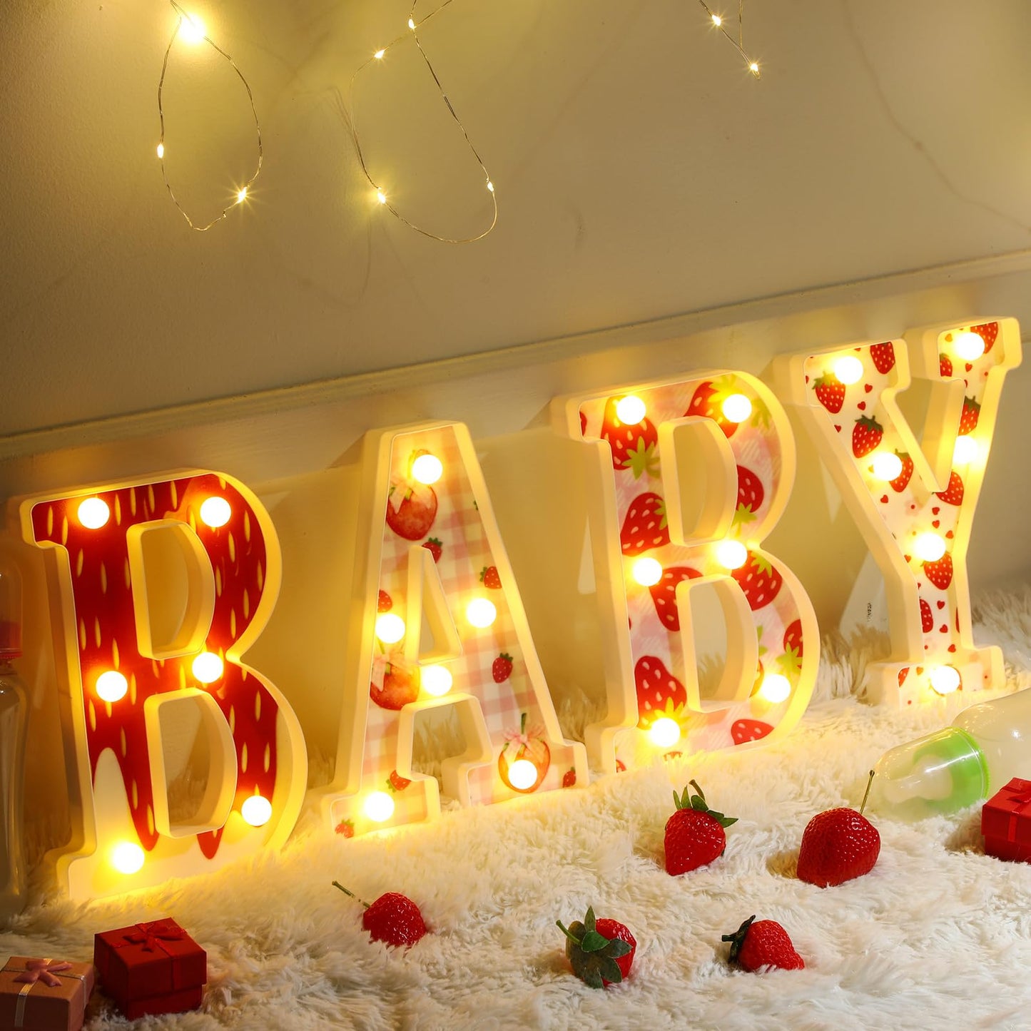 Realspring Baby Shower Sign Babe Marquee LED Letters Battery Operated Light up Centerpieces Glowing Home Table Party Decor for Boy Girl Gender Reveal Birthday, 8.26''(Strawberry,Red)