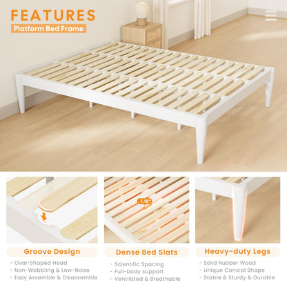 IOTXY Twin Platform Bed Frame - Solid Wood 16-Inch Height Mattress Foundation Base with Densely Slats and Heavy-Duty Support Legs, No Box Spring Needed, White